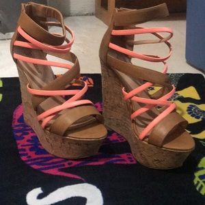 Nadeen tan and coral wedges